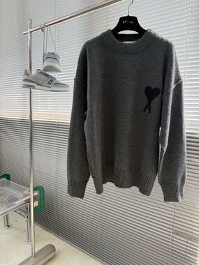 Ami Gray Crewneck Sweater with Black Heart 'A' Motif